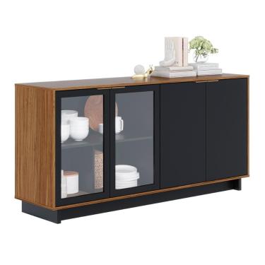 Imagem de Aparador Buffet Vitoria 2 Portas Mdp 2 Vidro E Prateleiras Noce Milano-preto Fosco Noce Milano-preto Fosco