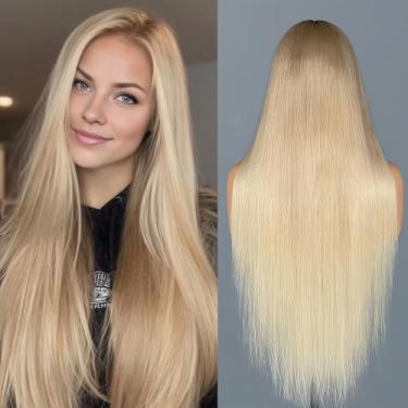 Imagem de Peruca Highlight Balayage cabelo humano lua enevoada cor dourada liso 100% cabelo virgem 13x4 atualização cor nude peruca frontal de renda sombra raiz pedaço de dinheiro loiro ombré sazonal edição