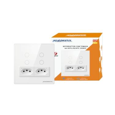 Imagem de Interruptor 4 Botões 4x4 Branco com Tomada Zigbee Touch Tuya Novadigital
