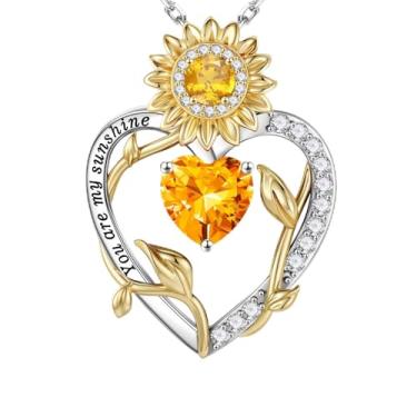 Imagem de Iefil Presentes de girassol para mulheres – Colar feminino com pingente de coração e girassol de prata esterlina S925, presentes de aniversário para esposa, colar You Are My Sunshine, joia para esposa