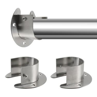 Imagem de Wealrit 2 peças de suporte de haste de armário, cerca de elo de corrente, base de poste de flange, suporte de varão de cortina, suporte de varão preto, resistente, âncora para madeira, deck de varanda