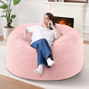 Imagem de Cadeira de pufe de 1,5 m, cadeiras gigantes para adultos, sacos de feijão grandes com enchimento de espuma de memória, poltronas grandes com capa de pelúcia Chevron - rosa macio