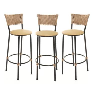 Imagem de KIT 3 Banquetas Tricô Náutico DOURADO Alta Bancada Balcão Cozinha Area