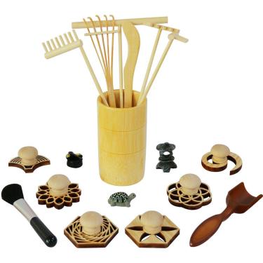 Imagem de Ferramentas de carimbo de jardim Zen Garden – Acessórios de jardim de areia para meditação – Presentes de mesa de escritório mini Zen para homens e mulheres, estatuetas de colher de bambu