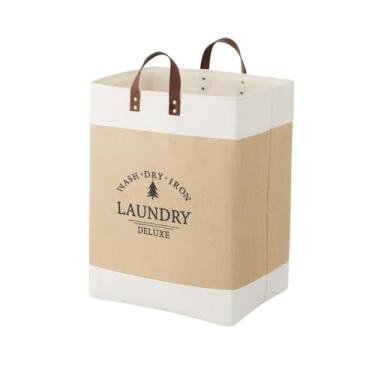 Imagem de Cesto de Roupa Suja Organizador Tecido Multiuso Dobrável Grande Alça Couro (OffWhite)
