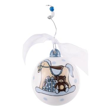 Imagem de Glory Haus Ornamentos de árvore de Natal de cavalo de balanço azul do bebê - Enfeites de Natal de cerâmica pintados à mão em branco e azul para árvore, decorações de bolas fofas, lâmpadas decorativas