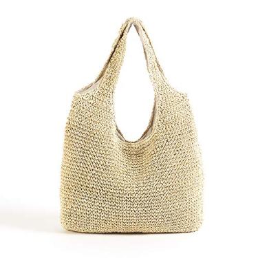 Imagem de QTKJ Bolsa de ombro de palha grande macia feita à mão Boho com alça de palha retrô bolsa de praia de verão bolsa de mão de vime (bege)