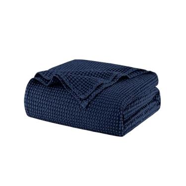 Imagem de Talasily Cobertor 100% algodão tamanho solteiro GG para cama - roupa de cama leve e respirável para todas as estações - Cobertor de trama waffle macio, lavável na máquina, azul marinho, 166 x 232