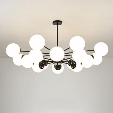 Imagem de Lustre de vidro leitoso moderno de meados do século, semi-embutido, Sputnik, luz de teto, dourado, preto, estilo fazenda, rústico, pendente, para sala de estar, quarto, mesa de jantar, ilha