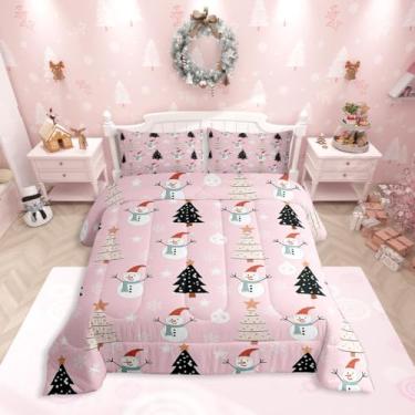 Imagem de Feelyou Conjunto de cama macio para meninos e meninas, boneco de neve engraçado, conjunto de edredom casal de pinheiro, edredom de microfibra, tema de Natal, decoração de quarto, 3 peças com 2 fronhas