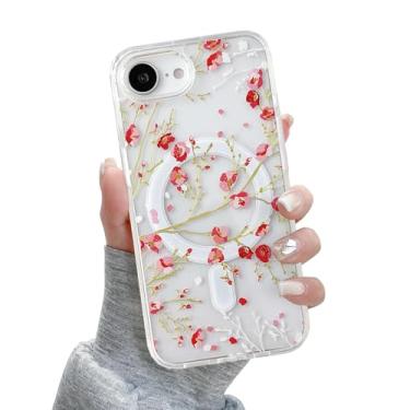 Imagem de QLTYPRI Capa magnética para iPhone 16e compatível com Magsafe, linda flor floral estética capa de telefone fina transparente antiamarelamento à prova de choque para meninas mulheres - vermelha