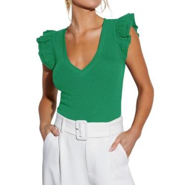 Imagem de Camiseta feminina BONITEE, manga com babados, verde de verão, tamanho 