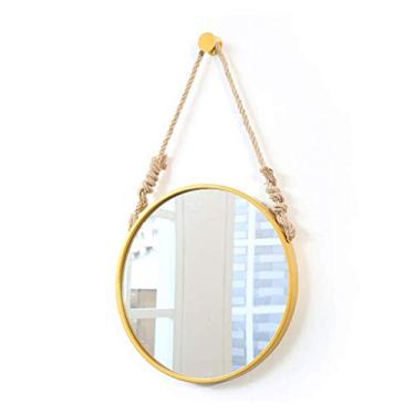 Imagem de Espelho de banheiro montado na parede espelho penteadeira metal redondo cruzeiro maquiagem grande decorativo com corrente de pendurar portátil para quarto 60 cm