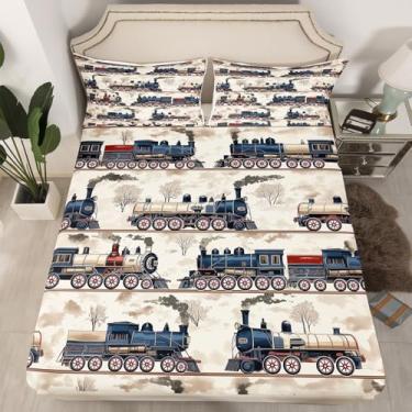 Imagem de Erosebridal Jogo de cama infantil vintage com trem a vapor para amantes de carros, veículos a vapor, retrô, clássicos, locomotiva ferroviária atemporal, com 1 fronha (solteiro, 2 peças)
