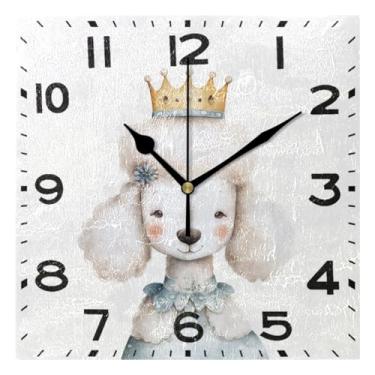 Imagem de Peystean Sweet Cute Little Princess Poodle Relógio de parede quadrado padrão de 20 cm, sem tique-taque, operado por bateria, analógico, silencioso, decoração para casa, cozinha, escritório, escola