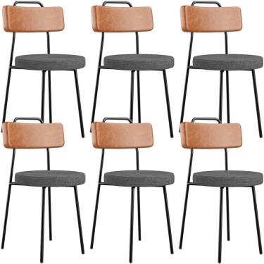 Imagem de Kit 06 Cadeiras Estofada Sala De Jantar Barcelona L02 Couríssimo Camel Linho Cinza Escuro - Lyam