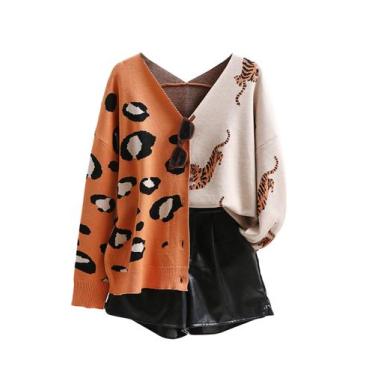 Imagem de Suéter WDIRARA Leopard Tiger Print com decote em V laranja L
