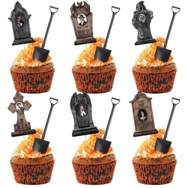 Imagem de AceOrbit 48 Pcs Halloween Cupcake Toppers with 3D Changing Face Moving Picture Novelty Mini Shovel Spoons Tombstones Graveyard Cake Decorations for Halloween Birthday Party Supplies (Two Color Style)