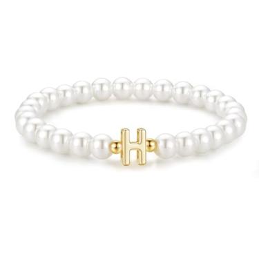 Imagem de M MOOHAM Pulseira feminina com inicial de pérola – Pulseiras delicadas com contas para mulheres, berloque moderno, letra A-Z, joias de pérolas personalizadas, presentes, 6", Latão, Sem Pedra Preciosa