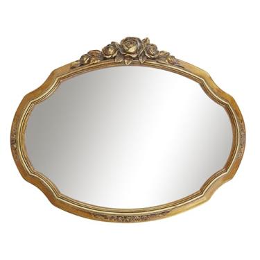 Imagem de iAmoy Espelho de parede dourado vintage com entalhes florais rosa, espelhos decorativos ovais de 43 x 33,5 cm para parede, espelho de vaidade estilo antigo para quarto, sala de estar, banheiro