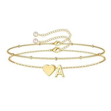 Imagem de M MOOHAM Pulseiras femininas de ouro com inicial de coração – Pulseiras femininas delicadas em camadas com pingente de coração e letra A-Z com elos de corrente, pulseiras com contas, presentes de