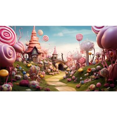 Imagem de Candy Land Pano de fundo de conto de fadas vibrante Candyland Kingdom World, cores pastel, fundo fotográfico, fantasia mágica, pirulito, decoração de festa, adereços para fotos de bebês meninas 4,6 x