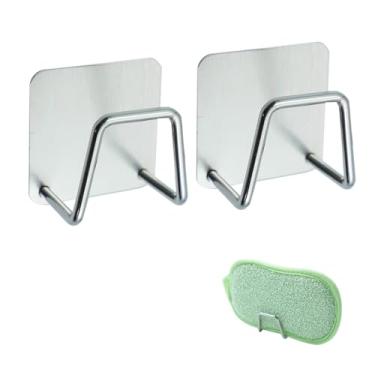 Imagem de 2 peças de suporte de esponja adesivo para pia de cozinha, ganchos adesivos para lavatório e esponjas de pia, rack de armazenamento versátil montado na parede para organização de cozinha e banheiro