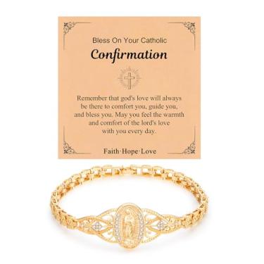 Imagem de Pulseira feminina de ouro virgem maria - pulseira católica banhada a ouro 14k, zircônia cúbica não manchada joia religiosa dourada Virgem de Guadalupe, confirmação de fé, primeira comunhão, madrinha