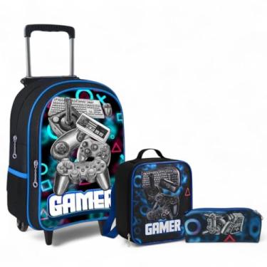 Imagem de kit Mochila Escolar de Rodinhas Bolsa Infantil Menino Gamer Reforçada e Grande