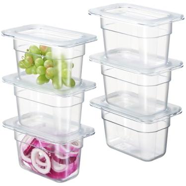 Imagem de CURTA Pacote com 6 Panelas de alimentos de policarbonato NSF tamanho 1/9 de profundidade com tampas com alça | Recipiente transparente seguro para lava-louças e freezer para mesas de preparação