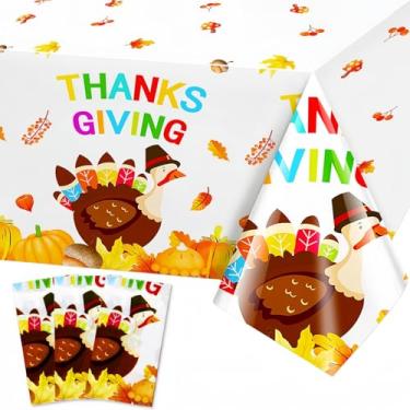 Imagem de Pacote com 3 toalhas de mesa de artigos de festa de Ação de Graças – Toalha de mesa de plástico descartável de peru, capa de mesa de folha de bordo de abóbora para decoração de outono e festa de Ação