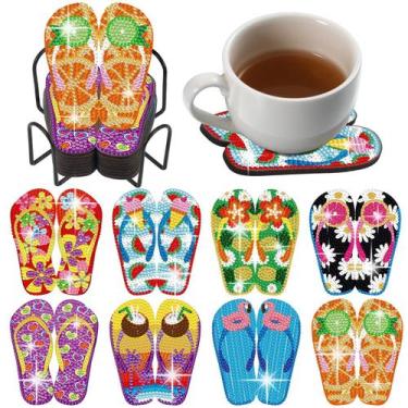 Imagem de Porta-copos Shellwei, 8 peças, flip flop Diamond Art, com suporte