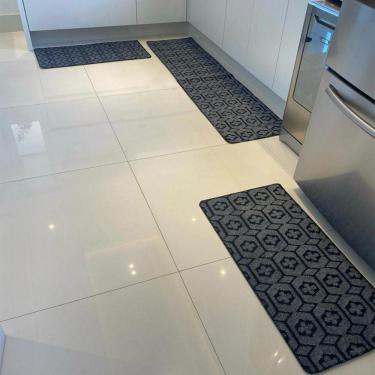 Imagem de Kit Jogo De Cozinha Carpete Geométrico Elegante 3pçs Cinza