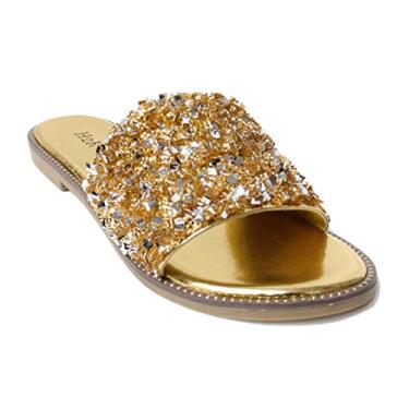 Imagem de H2K sandália feminina brilhante brilhante deslizante plana salto anabela brilhante sapato Dream, Dourado, 7
