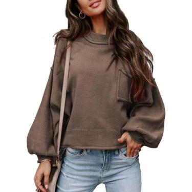 Imagem de Suéter feminino EVALESS 2024 com manga lanterna de outono e inverno