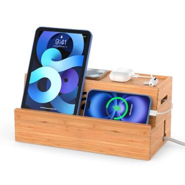 Imagem de BambuMate Caixa de gerenciamento de cabos de bambu, cor natural, 31 x 14 x 15,5 cm, caixa organizadora de cabos para mesa com cabos de alimentação ocultos e réguas, adequada para salas de estar