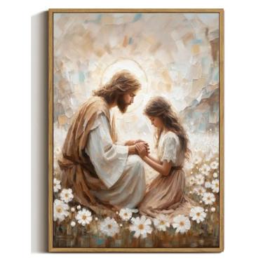 Imagem de ZZTCYSU Arte de parede em tela Jesus Arte de parede emoldurada cristã Jesus e menina orando moderna impressão bíblica religiosa Deus arte para sala de estar quarto igreja 40,6 cm x 61 cm emoldurado