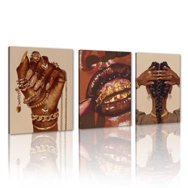 Imagem de Yeesjoee Arte de parede mulher negra mulher afro-americana decoração de parede moda impressão de arte africana pintura abstrata menina negra pôster arte para banheiro quarto, 30,5 x 40,6 cm x 3 peças