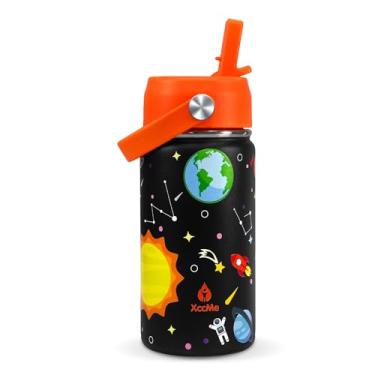 Imagem de XccMe Garrafa de água infantil com tampa de palha, garrafa de viagem de aço inoxidável de 400 ml, copo infantil à prova de vazamento de parede dupla, copo isolado para crianças, garrafa de metal para