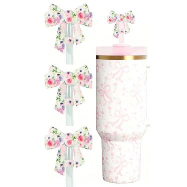 Imagem de Amreich 3 peças de topos de palha de arco 3D - tampas de cobertura de palha de silicone com estampa floral para canudos de 10 mm, acessórios reutilizáveis para copo Stanley, presentes fofos para seus