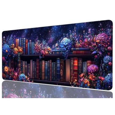 Imagem de Estante roxa grande tapete de rato floral livros mágicos fantasia bruxa mousepad GG grande gaming mouse pad laptop teclado pad mesa escritório computador teclado laptop casa, 31,5 x 11,8 polegadas