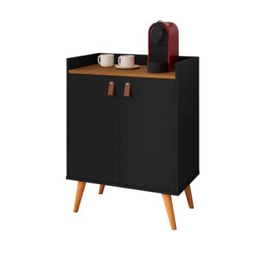 Imagem de Armário Aparador Buffet Cantinho do Café Hall de Entrada 2, 3 ou 4 Portas Pé Palito Puxador Couro MDP/MDF(Luana 2 Preto/Freijó)