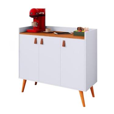 Imagem de Armário Aparador Buffet Cantinho do Café Hall de Entrada 2, 3 ou 4 Portas Pé Palito Puxador Couro MDP/MDF(Luana 3 Branco/Freijó)