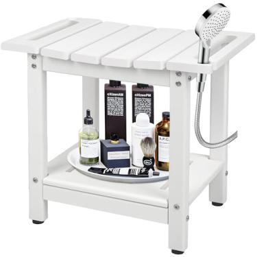 Imagem de LUBITTE Banco de chuveiro, cadeira de chuveiro impermeável de HDPE para chuveiro interno com prateleira de armazenamento, banco de banheiro resistente com pés niveladores ajustáveis antiderrapantes
