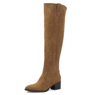 Imagem de Shoe'N Tale Botas femininas acima do joelho cano alto, salto grosso, bico fino, camurça sintética, zíper lateral, outono, inverno, Bronzeado, 36