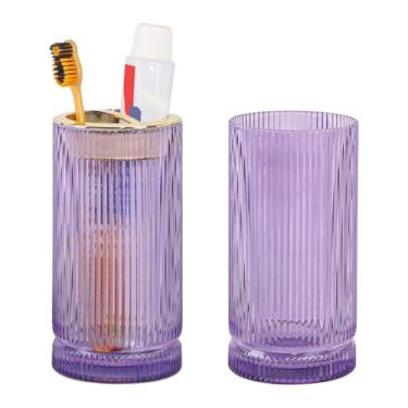 Imagem de Tonxus Suportes de escova de dentes para banheiros, 2 peças de suporte de escova de dentes de vidro roxo, copo de banheiro de 400 ml e copo de enxaguante bucal, escova de dentes dourada e organizador