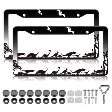 Imagem de Molduras de placa de licença de silhueta de dinossauros - pacote com 2 capas de suporte de placas de licença personalizadas, moldura de etiqueta de carro à prova d'água de metal de alumínio à prova de