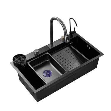 Imagem de TRGCJGH Pia de cozinha em cascata, pias de cozinha de aço inoxidável, pias de cozinha, pia de cozinha de estação de trabalho com torneira removível (80 x 45 cm/12,4 x 17,7 polegadas)