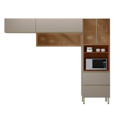 Imagem de Cozinha Modulada Proença 3 Peças Com Aéreo 80cm Nogueira Touch-nude Prime Tx - Demartêz Nogueira Touch-nude Prime Tx