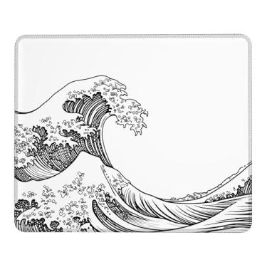 Imagem de Mouse pad quadrado com borda costurada, preto branco ondas japonesas tapete lavável pano. Mouse pad de computador com base de borracha antiderrapante, mouse pads para computadores laptop mouse 23 x 19
